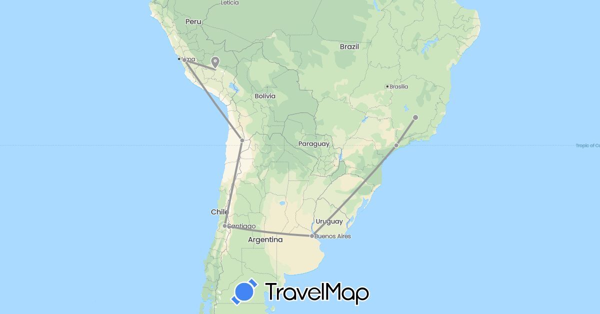 TravelMap itinerary: plane in Argentina, Brazil, Chile, Peru (South America)